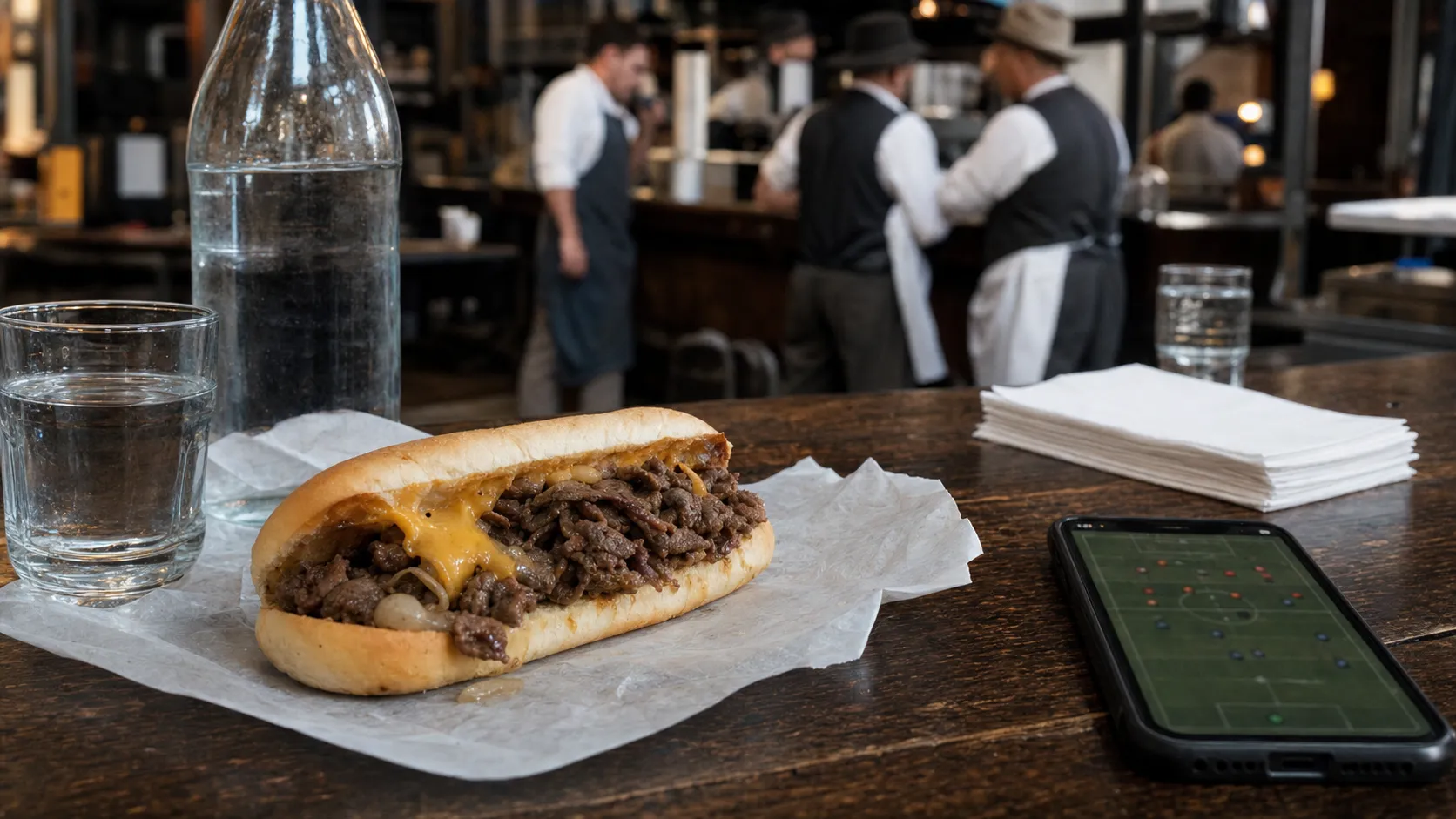 Cheesesteak-style sandwich and drinks on a bar table before a baseball game.