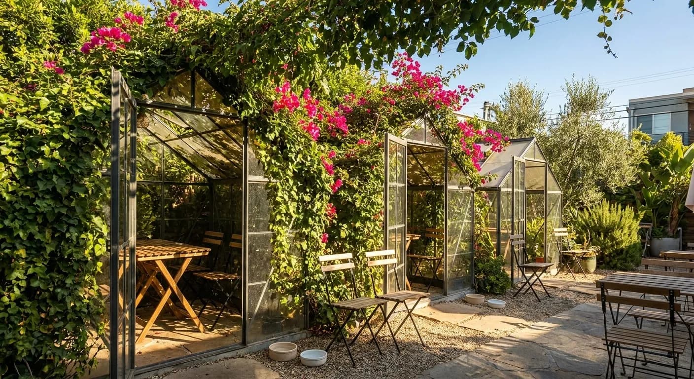 Ivy-covered greenhouse dining pods at Lady Byrd Cafe in Echo Park with outdoor patio tables and bougainvillea
