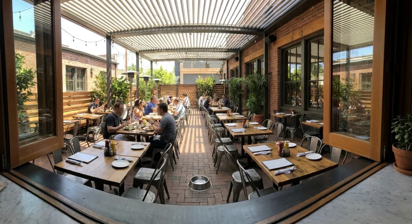 Open-air patio seating at Morrison Atwater Village gastropub with tables set for lunch service