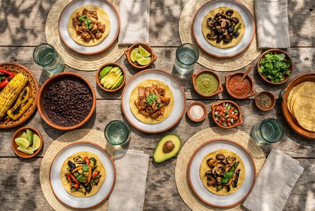 Plates of plant-based Mexican food shared across a rustic wooden table