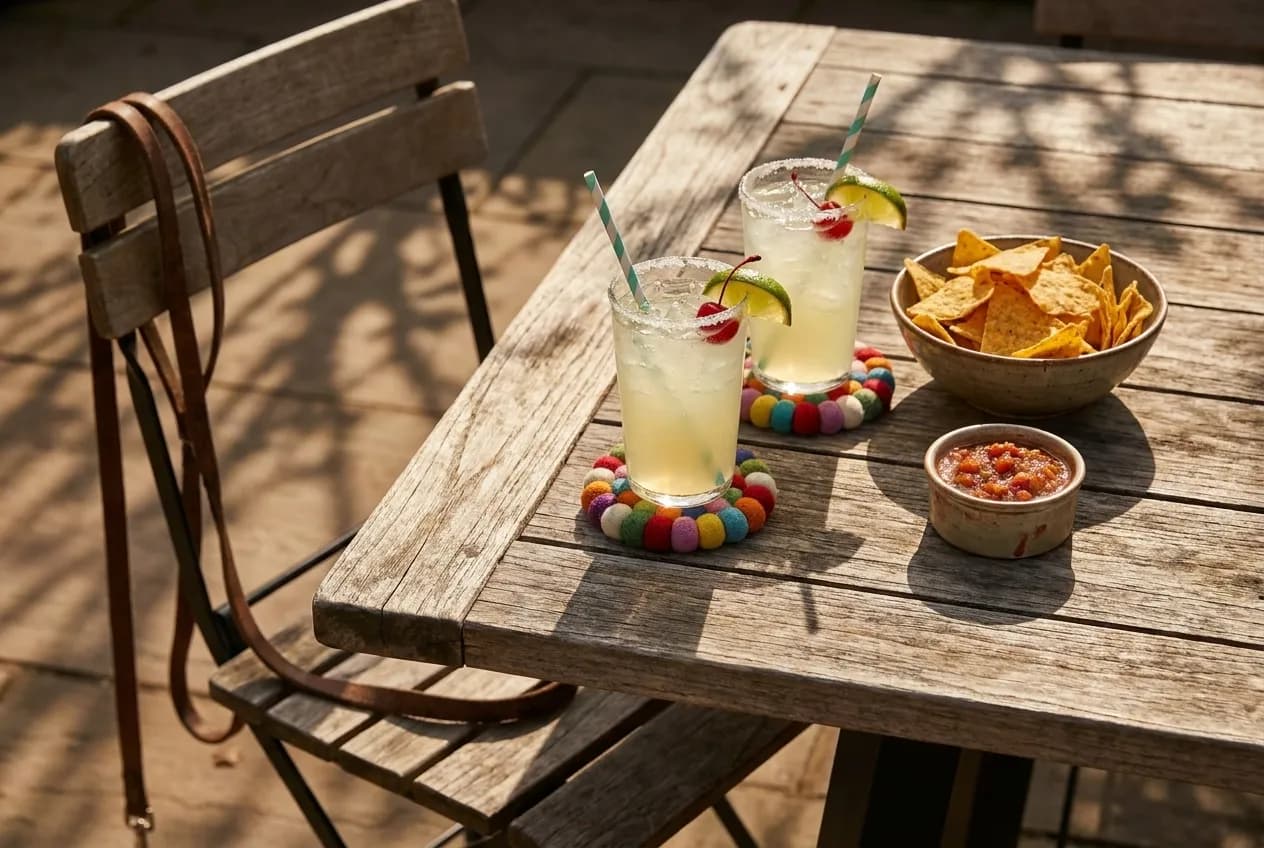 Two margaritas on a wooden patio table with a leash looped around a chair leg