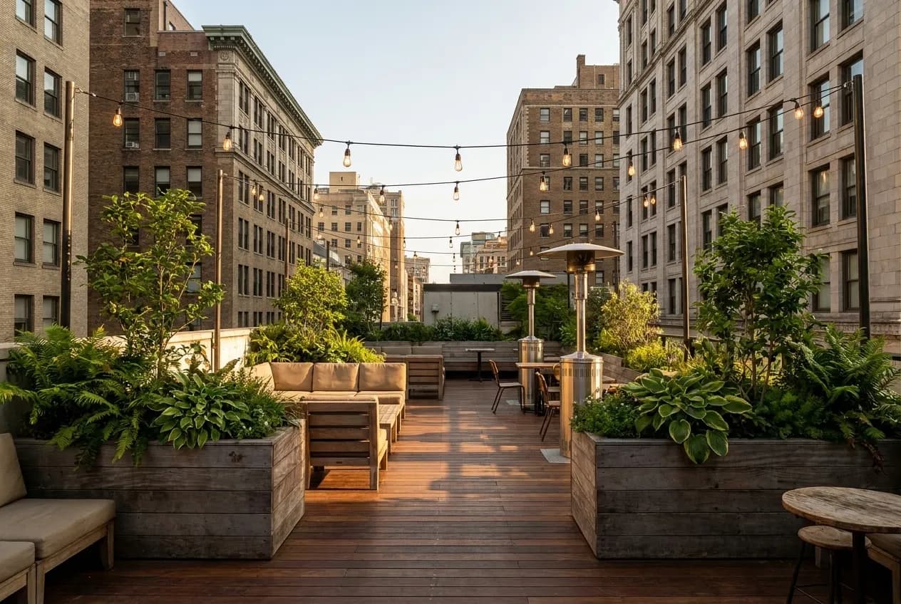 A planted rooftop terrace with heaters and string lights above a downtown street