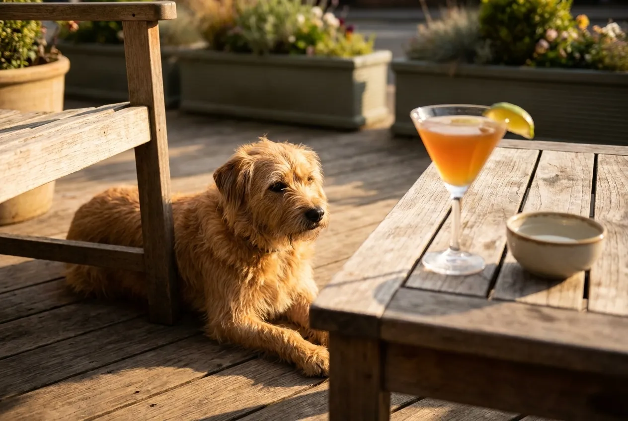 A dog lying under a patio table beside a cocktail glass in afternoon sun
