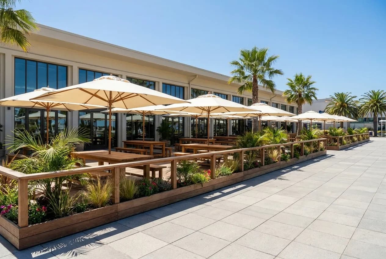 A broad restaurant patio with umbrellas beside a suburban shopping centre in sunlight