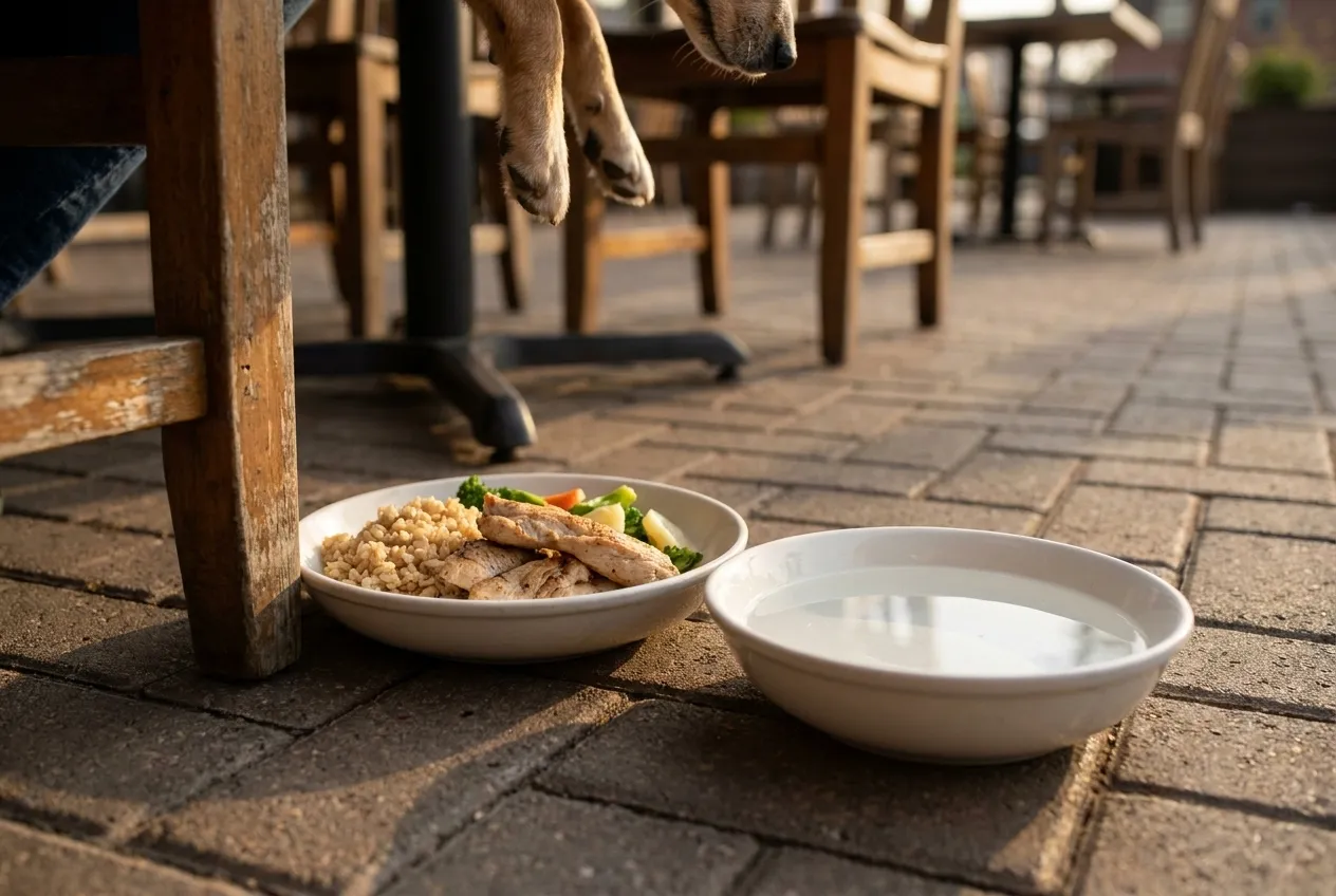 A bowl of plain grilled meat and rice set on the ground beside a patio chair