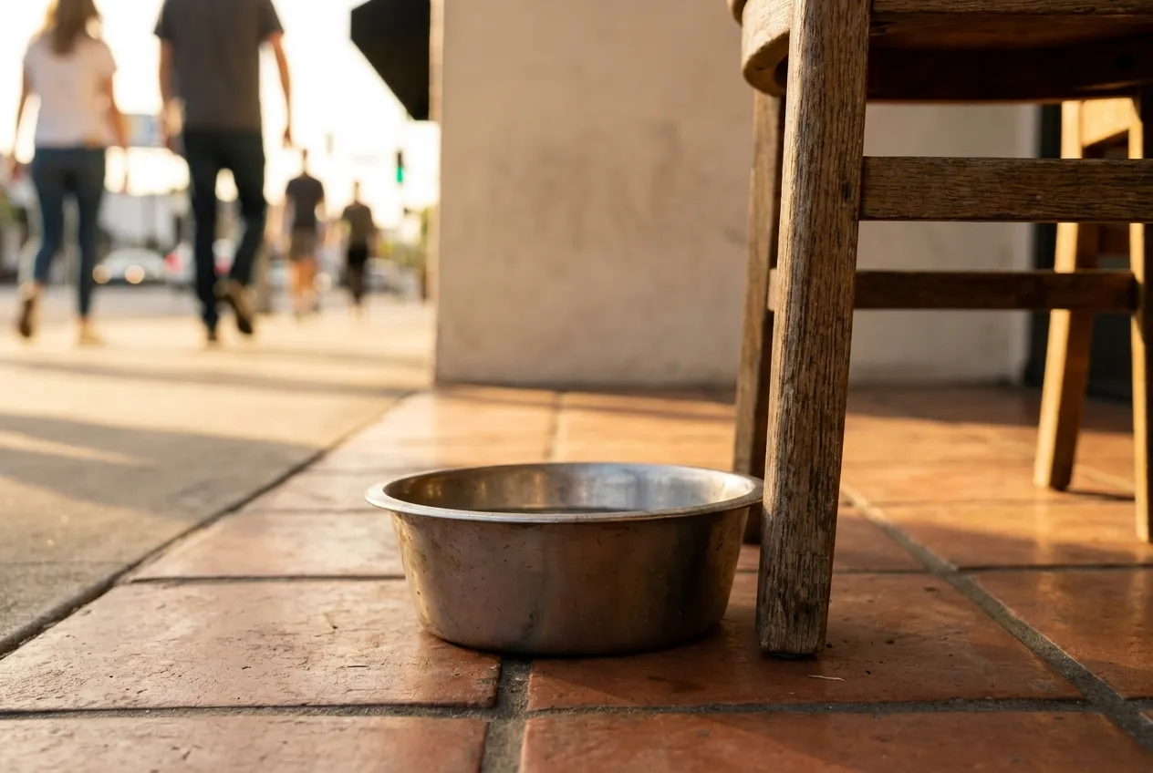 A metal water bowl beside a chair leg on a tiled patio floor