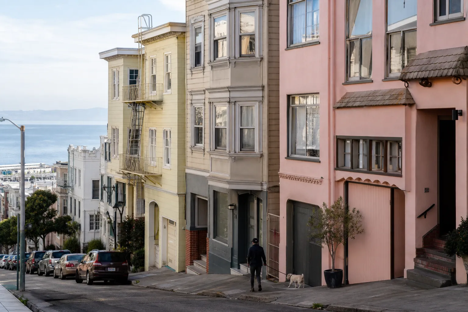 A steep North Beach street with pastel buildings and a small dog walker on the sidewalk.