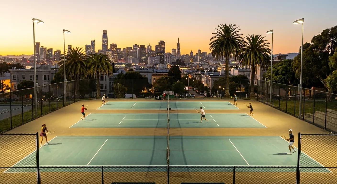 Mission Dolores Park tennis courts at dusk with San Francisco skyline and palm trees