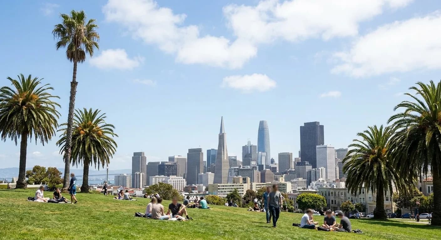 Dolores Park grassy hillside overlooking downtown San Francisco with palm trees and skyline