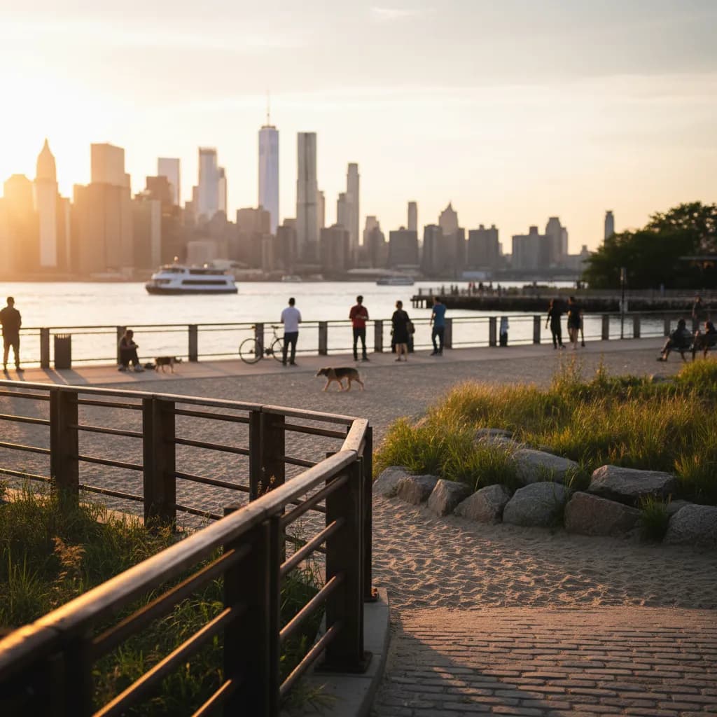 Editorial-style realistic scene inspired by Domino Park Beach in New York.