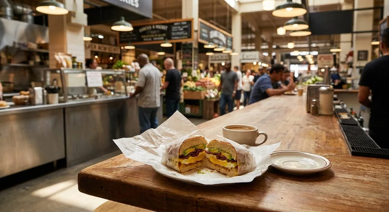 A plated breakfast sandwich and coffee inside Grand Central Market in downtown Los Angeles