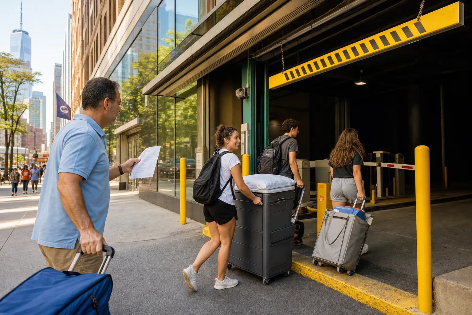 NYC parking garage entrance on college move-in day