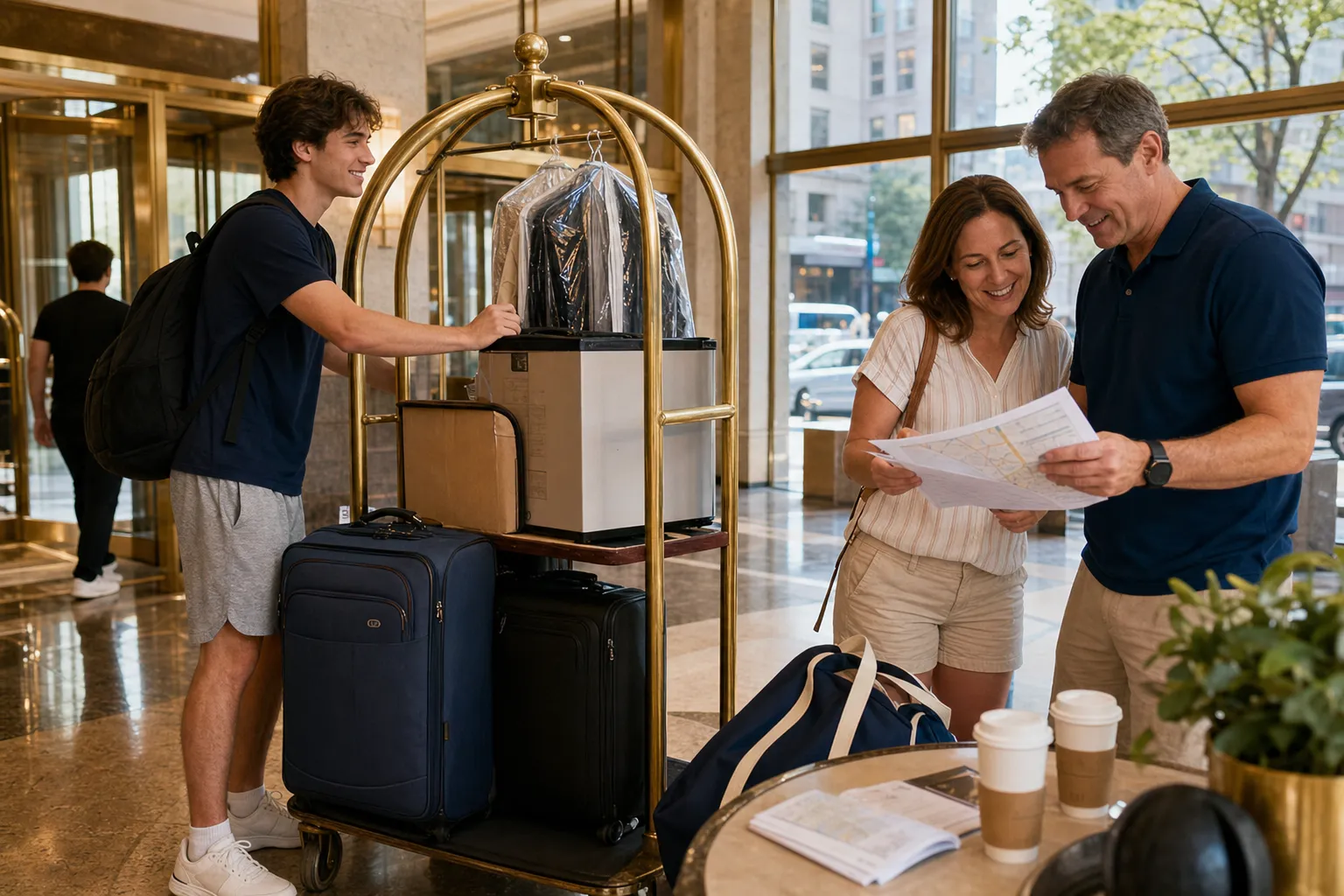 Sunny hotel lobby staging area before NYC college move-in