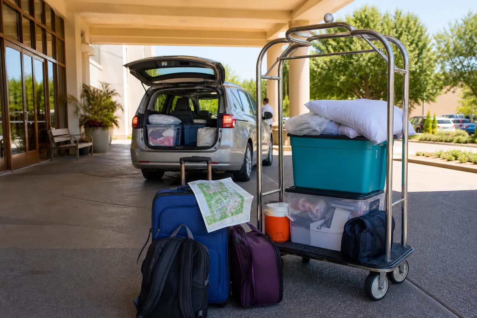 Bright highway rest stop move-in car with NYC college luggage