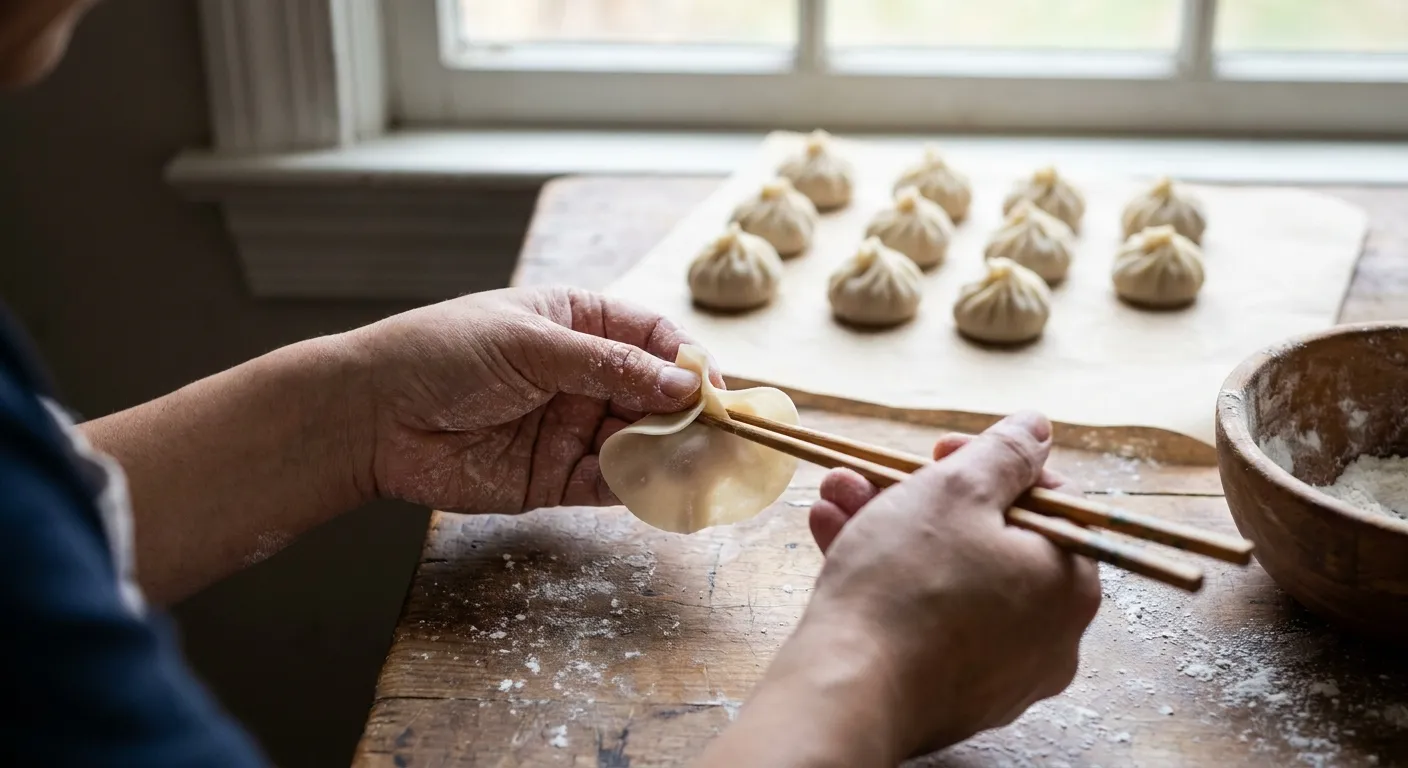 Hands pleating a dumpling wrapper at a flour-dusted wooden table with rows of finished dumplings