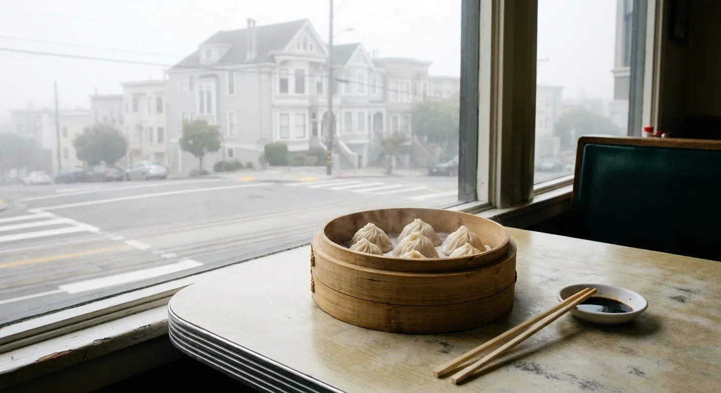 A bamboo steamer of dumplings on a formica table by a window, San Francisco fog outside on a quiet avenue