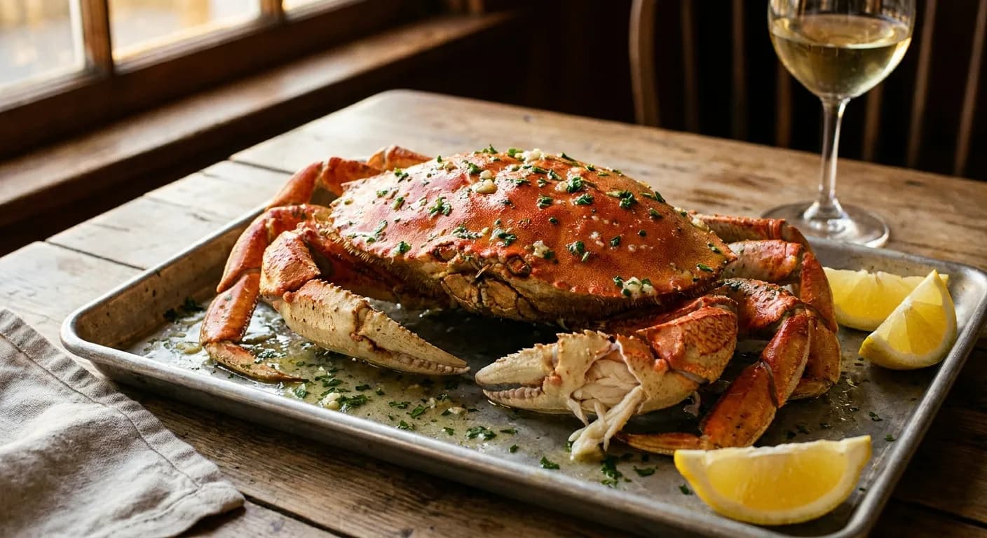 A whole roasted Dungeness crab glistening with garlic butter on a metal tray with lemon
