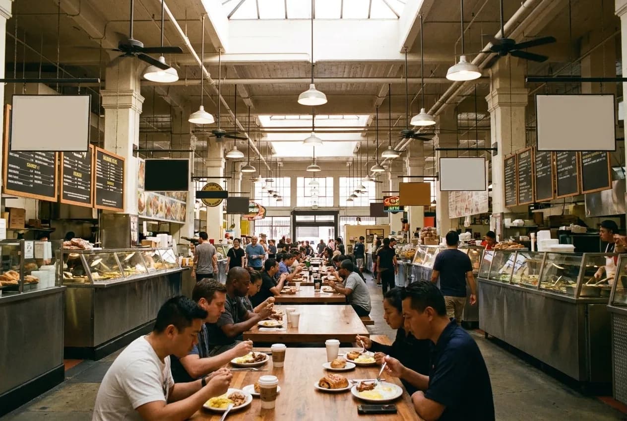 Interior of Grand Central Market in Downtown Los Angeles with communal seating and vendor stalls during morning hours