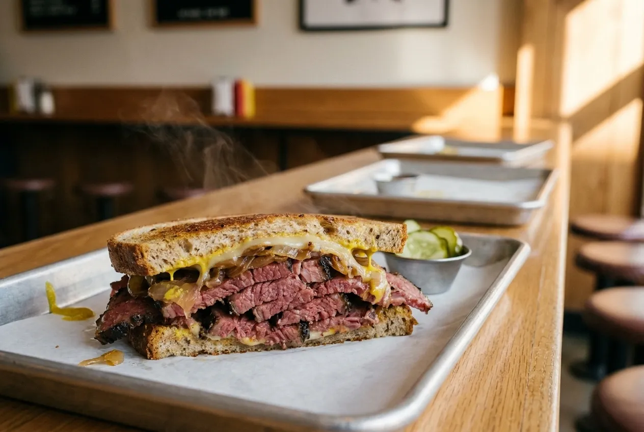 Close-up of a pastrami sandwich on rye bread at a Los Angeles deli counter