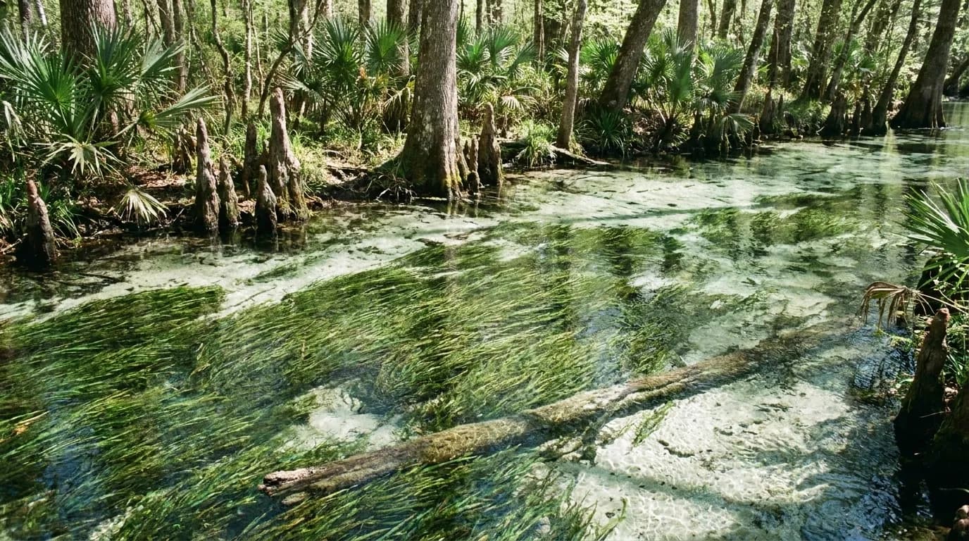 A shallow spring-fed run of clear water over pale limestone and sand, cypress knees at the edge and green weed streaming with the current