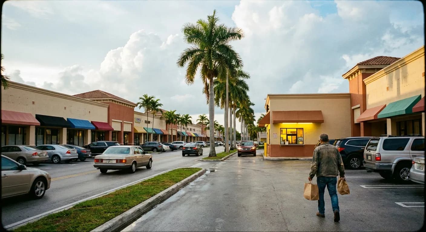 Strip-mall corridor in Doral at golden hour with palm trees, parked cars and a warm-lit arepera counter window