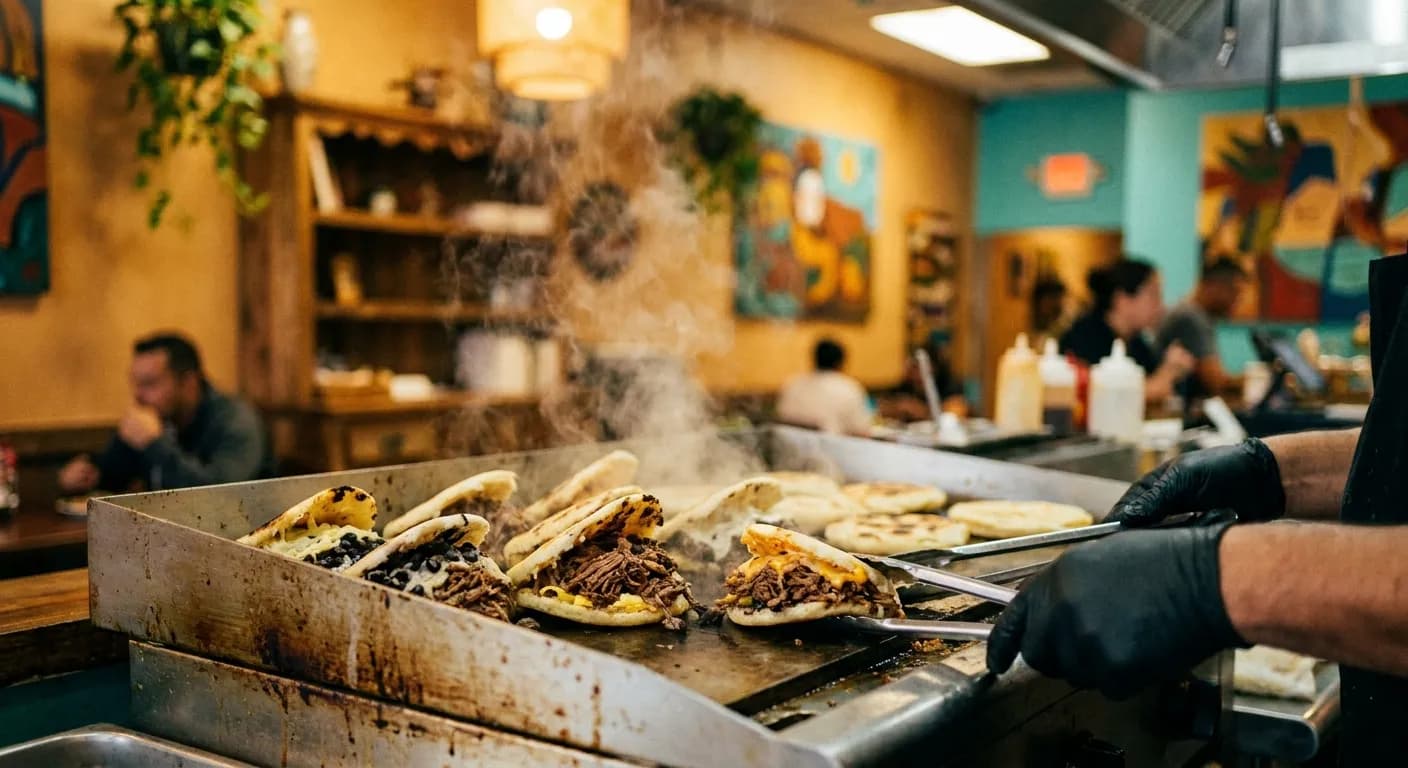 Split arepas with shredded beef and black beans on a griddle behind a Venezuelan lunch counter