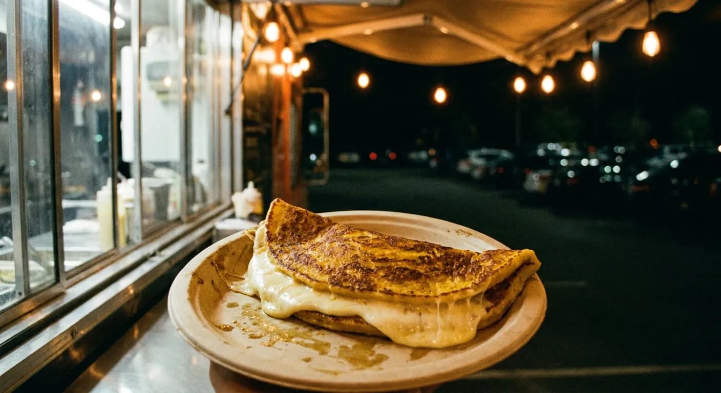Folded sweet-corn cachapa with melted white cheese served at a food truck window at night