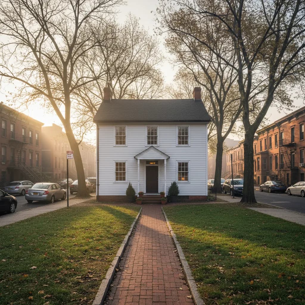 Editorial-style realistic scene inspired by Edgar Allan Poe Cottage in New York.
