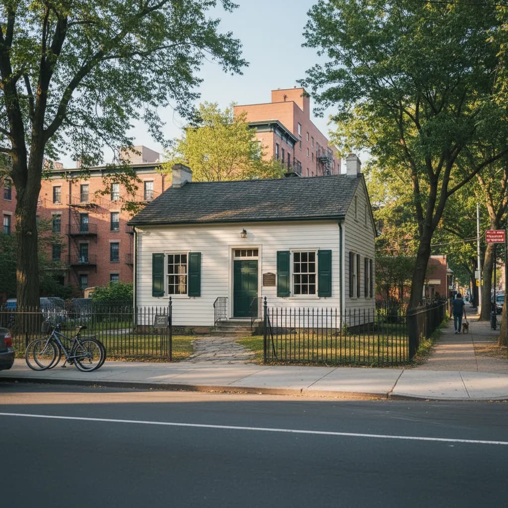 Editorial-style detail scene for Edgar Allan Poe Cottage in New York.