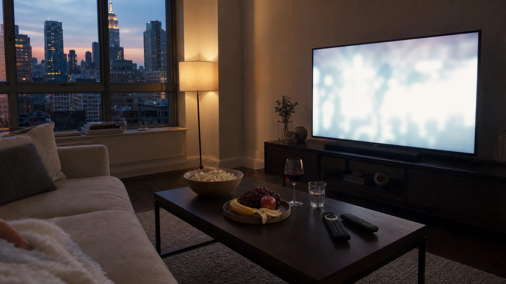A New York City living room prepared for a weekend streaming night.