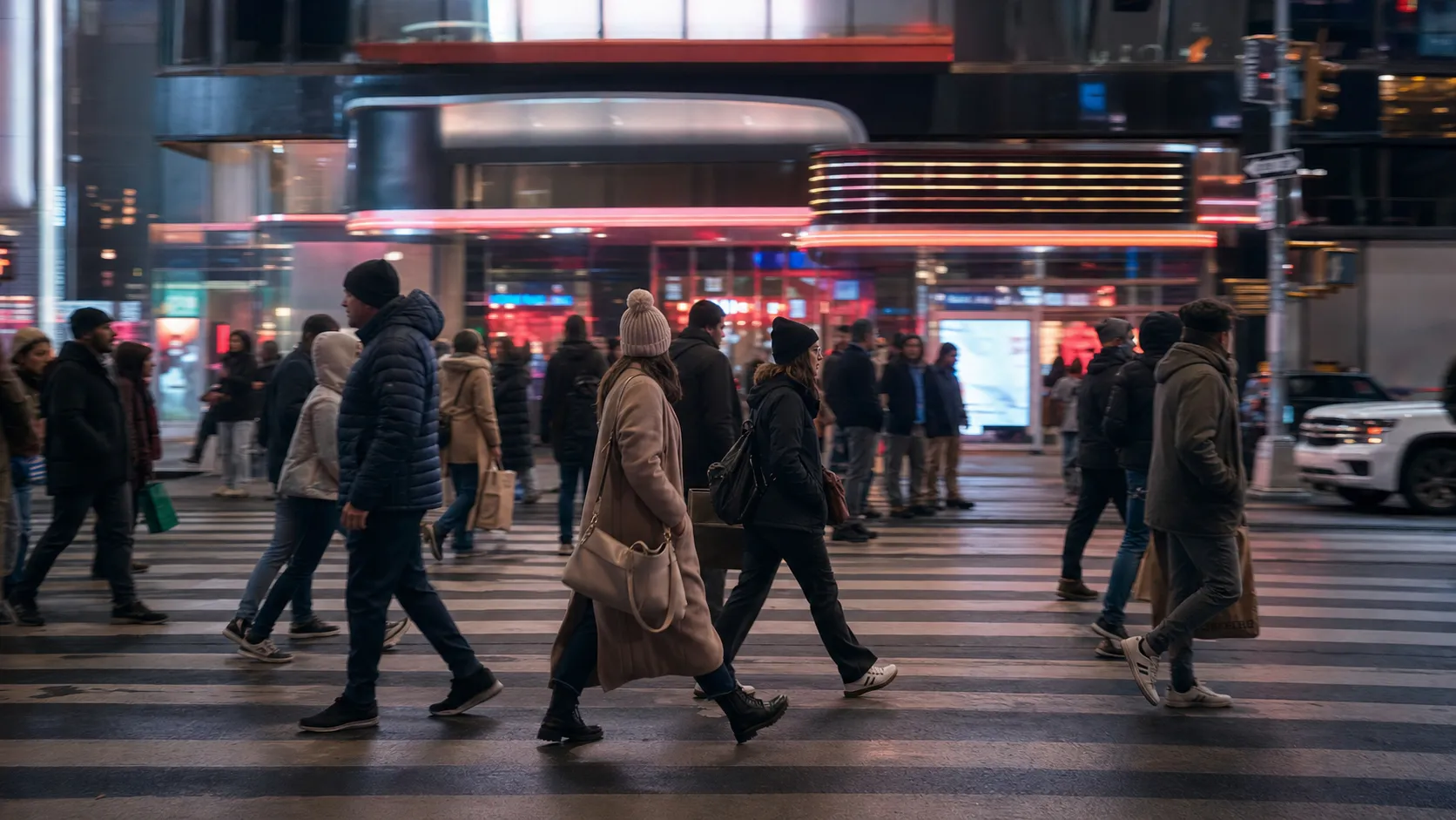Nighttime Midtown Manhattan street scene suggesting New Yorkers heading home to stream television.