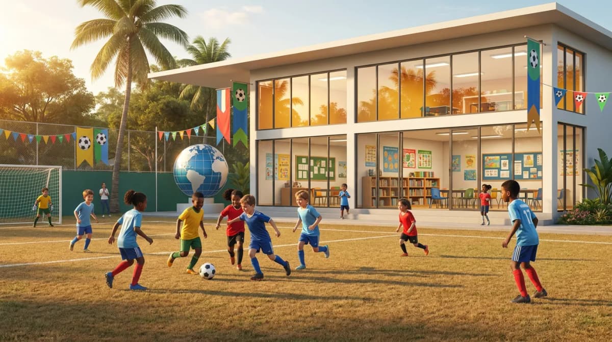 Bright editorial cover for The Education Fund Behind the World Cup Halftime Spectacle