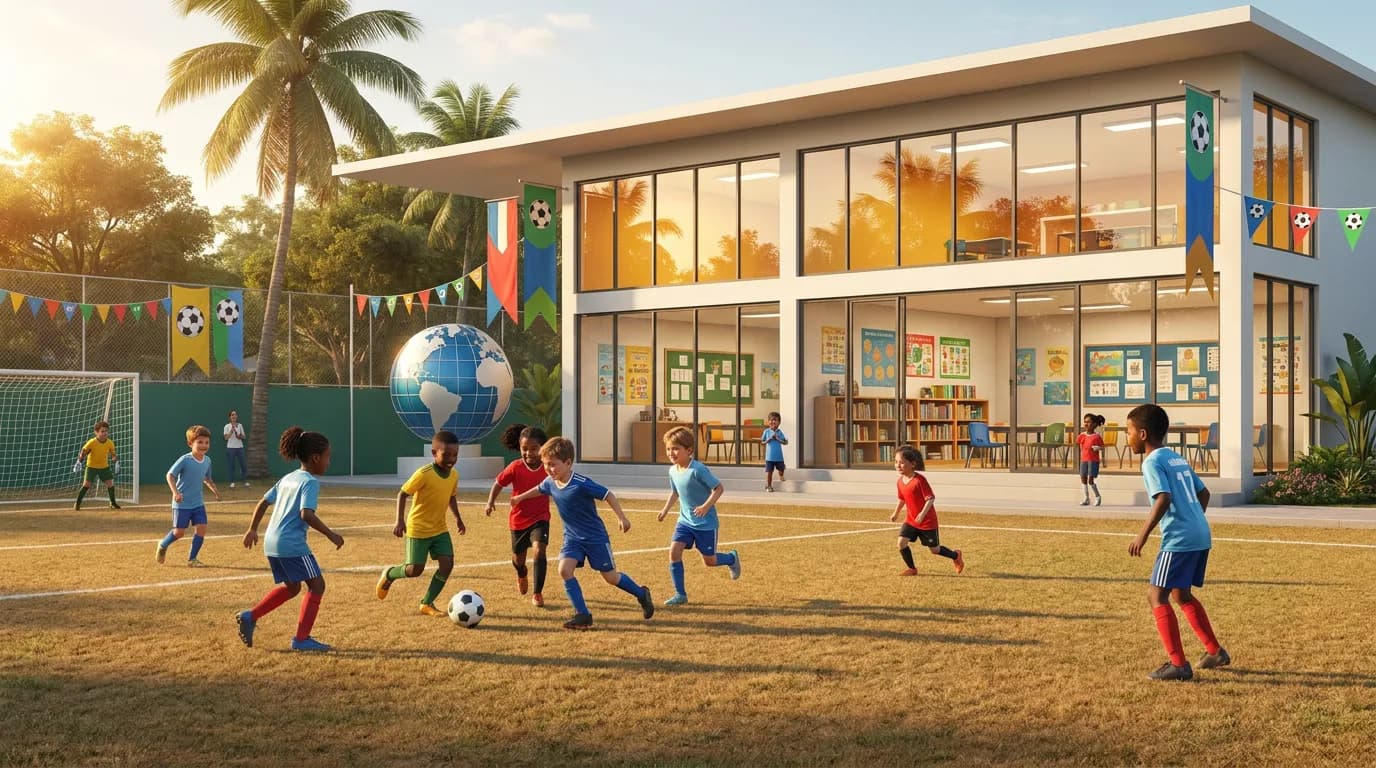 Bright editorial cover for The Education Fund Behind the World Cup Halftime Spectacle