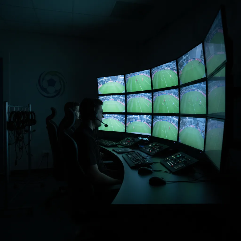 A VAR review room with multiple monitors showing different camera angles of a match