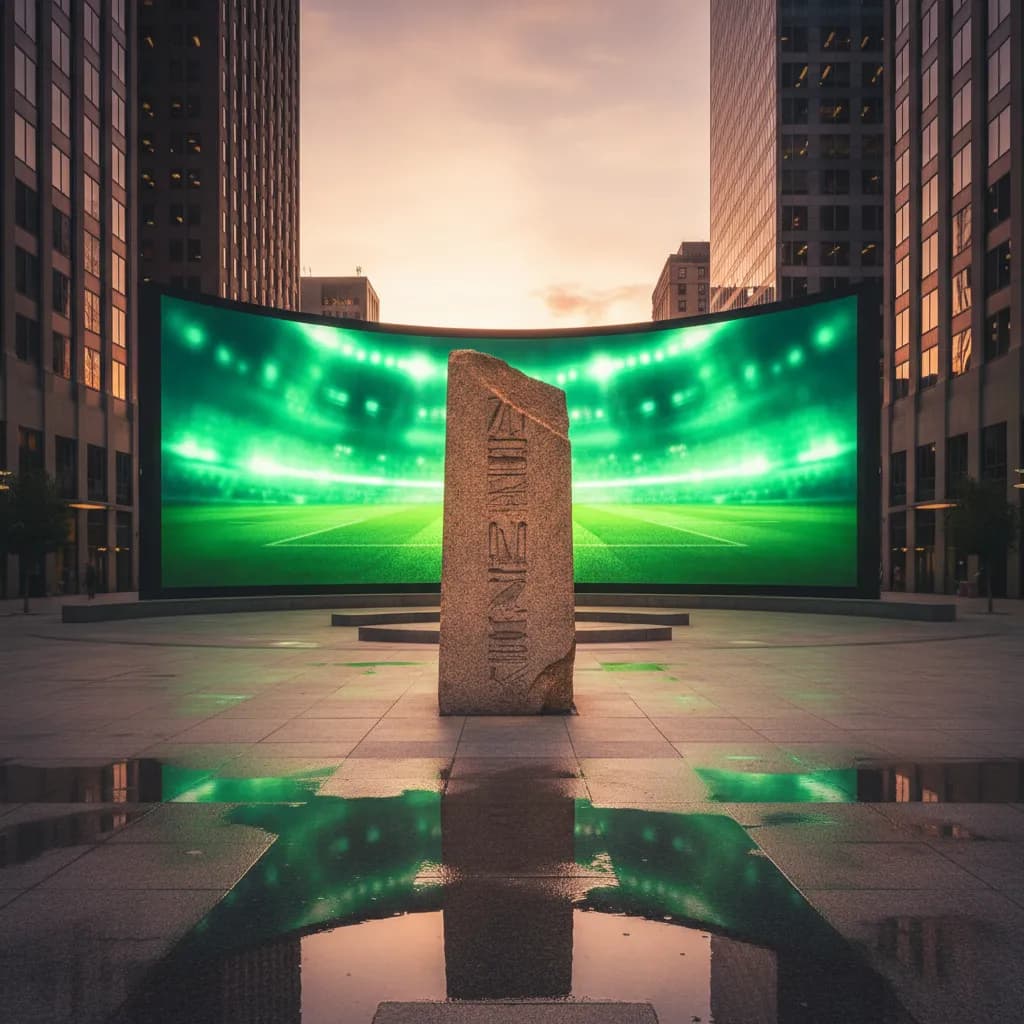 Ancient obelisk fragment in modern plaza with LED screen behind