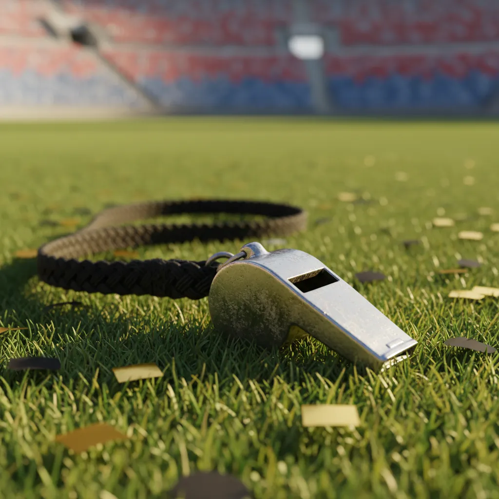 Leather football on desert sand with distant stadium silhouette