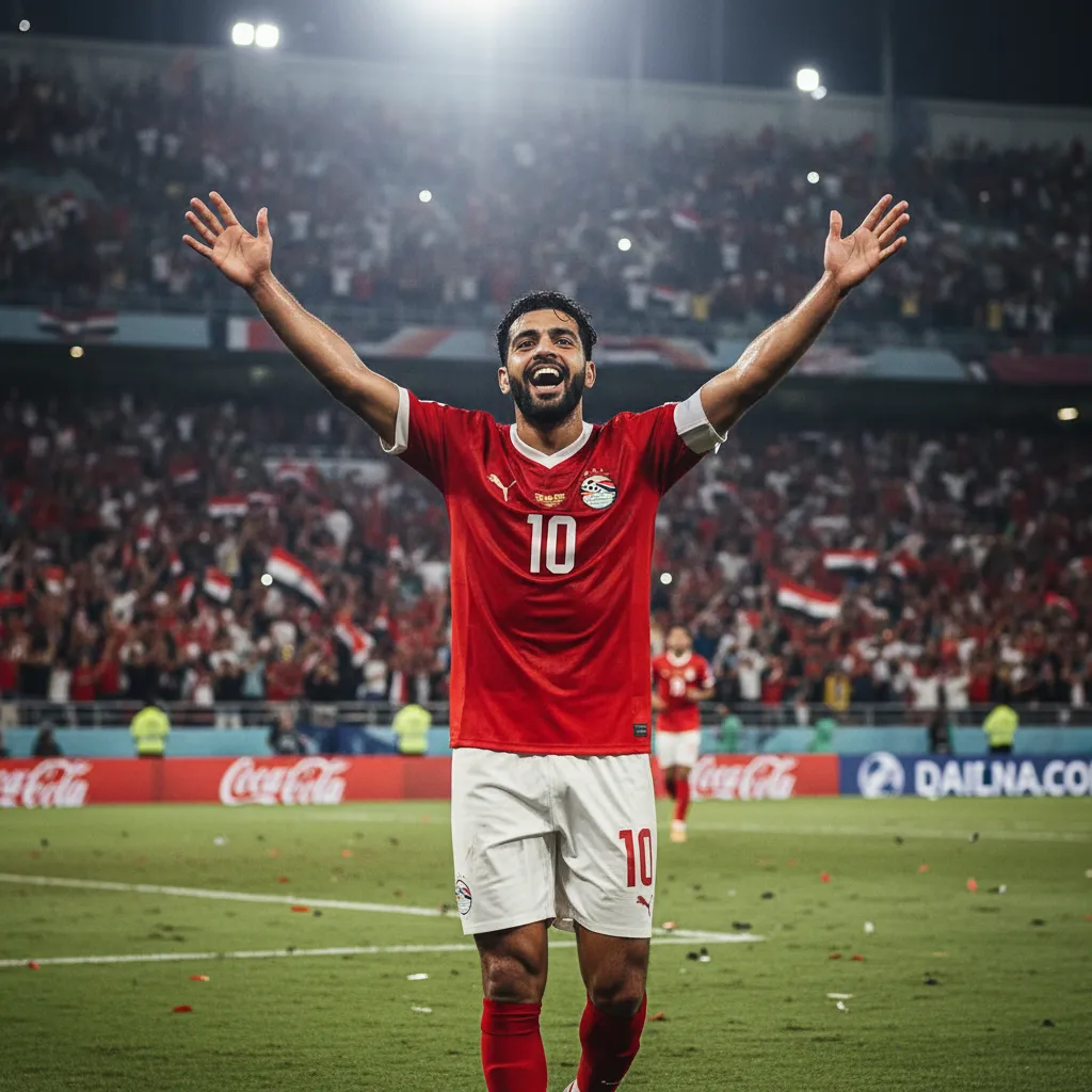 Salah celebrating a goal in Egypt's red jersey during World Cup 2026
