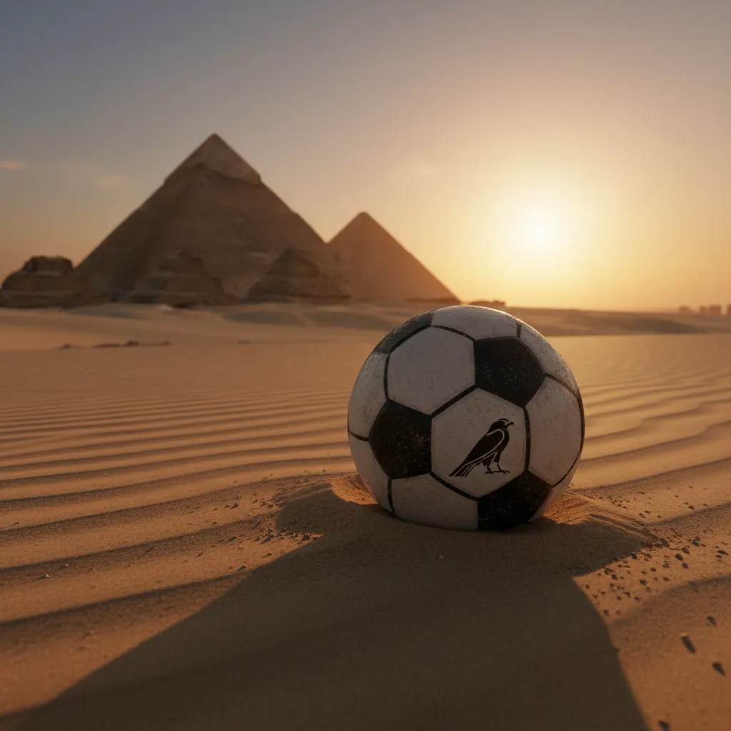 Egyptian pyramids at golden hour with a modern soccer ball resting on desert sand in the foreground