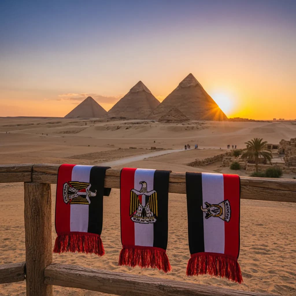 Egyptian pyramids at sunset with red-white-black soccer scarves draped over a foreground railing