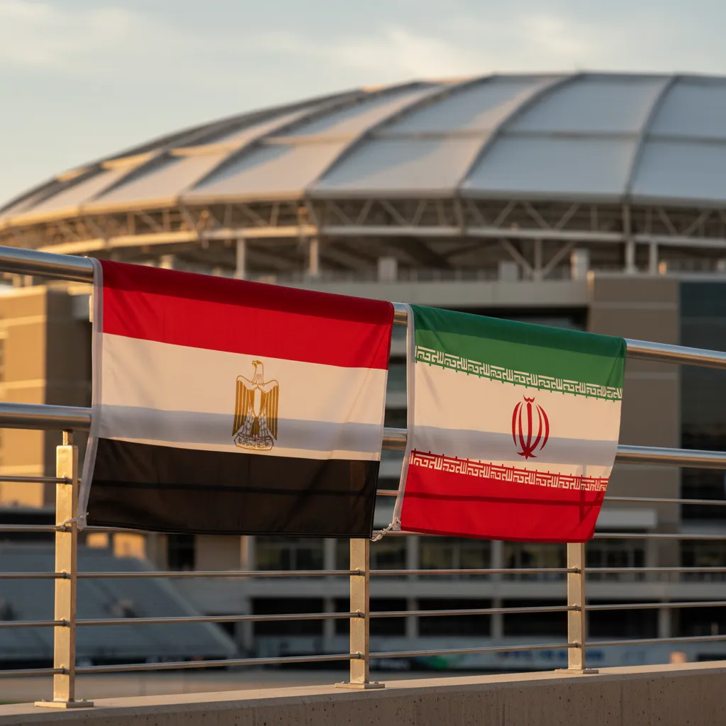 Egyptian and Iranian flags side by side on a stadium railing at the World Cup