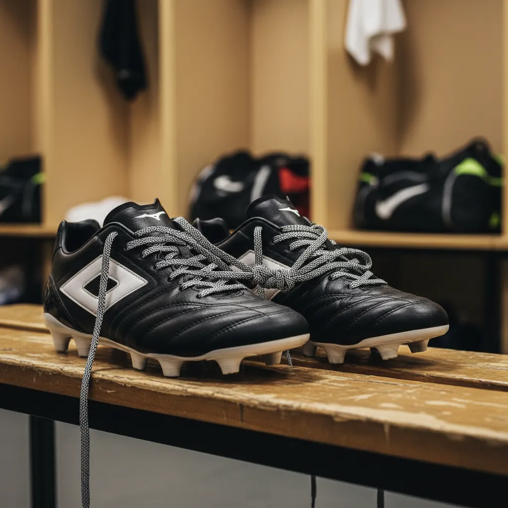 Two pairs of boots with intertwined laces on locker room bench