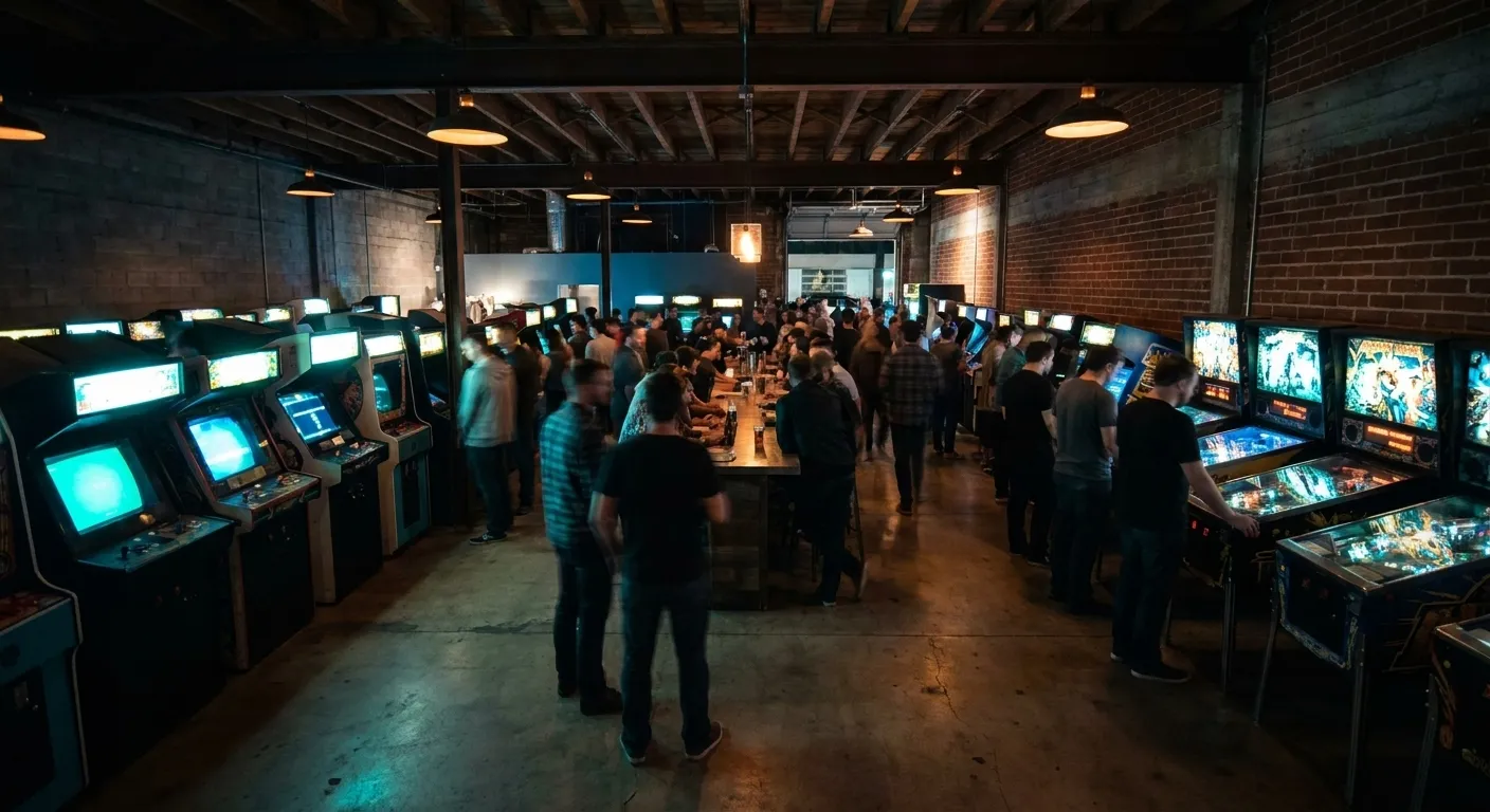 Rows of vintage arcade cabinets and pinball machines lit by warm overhead lights and screen glow at EightyTwo in downtown LA's Arts District