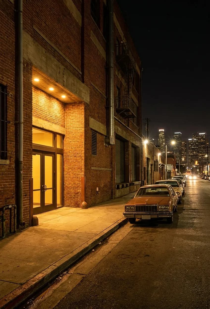 Industrial brick facade with entrance lighting on East 4th Place in downtown LA's Arts District after dark
