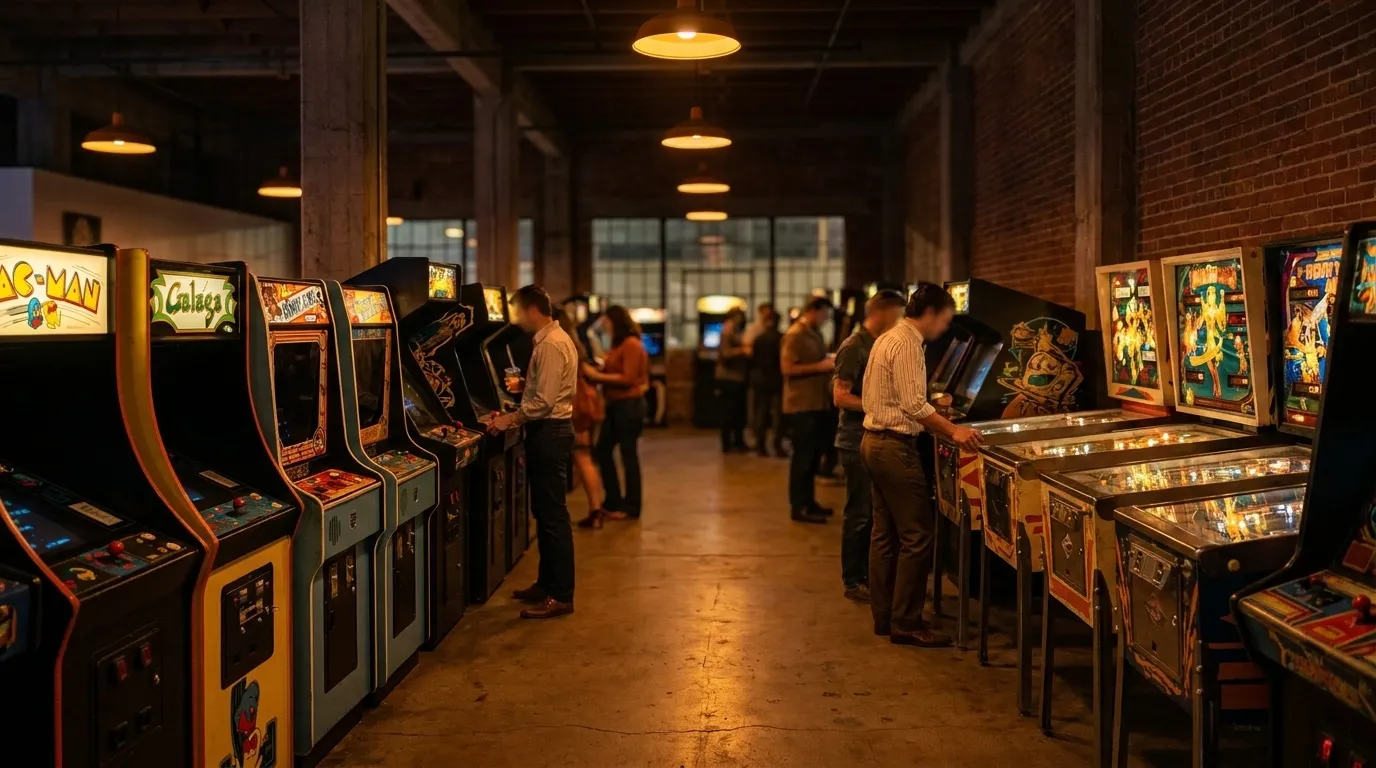 Vintage arcade cabinets and pinball machines under amber lighting at EightyTwo in downtown Los Angeles Arts District
