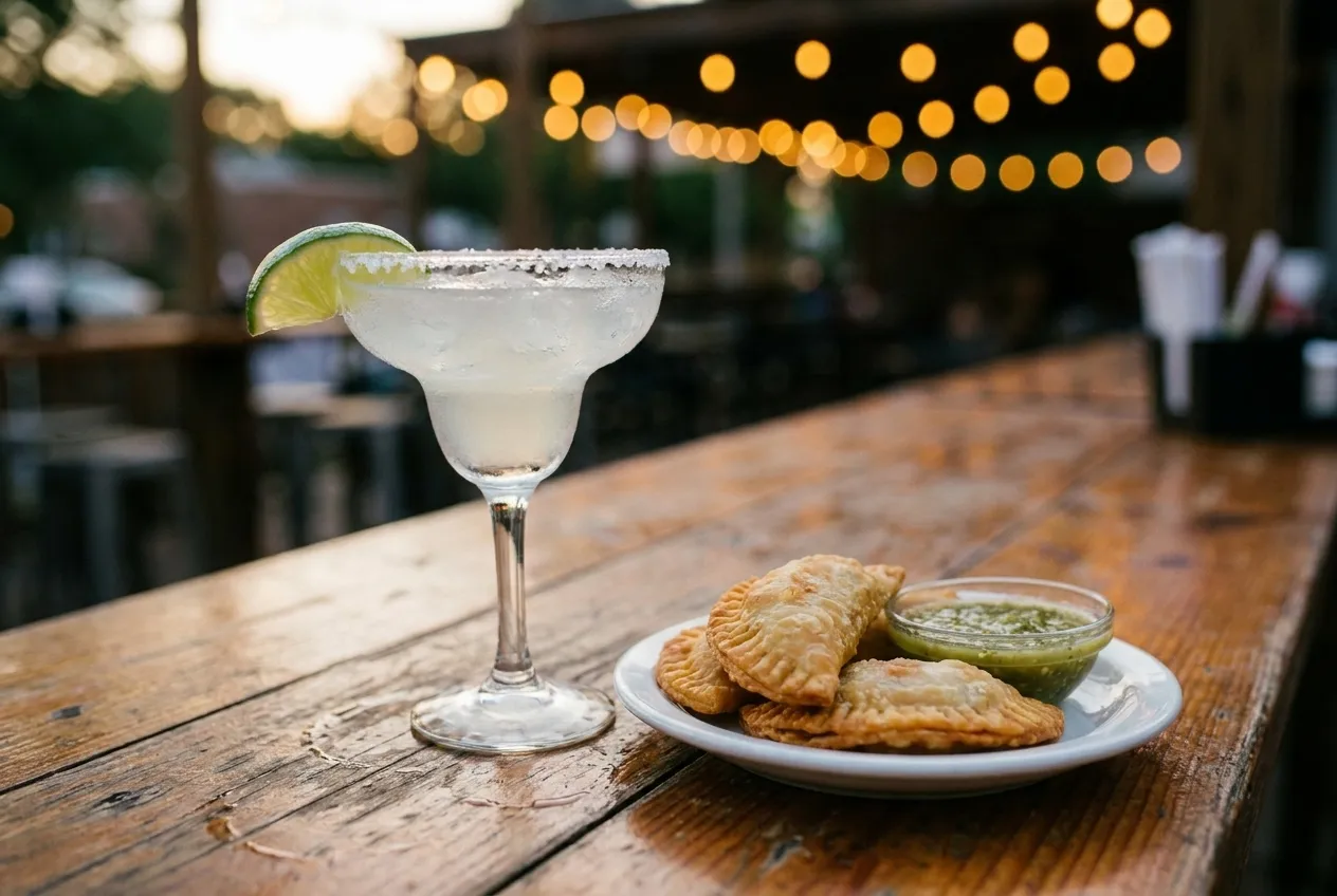 Overhead view of a salt-rimmed margarita and plate of fried empanadas on a wooden table at an outdoor bar.