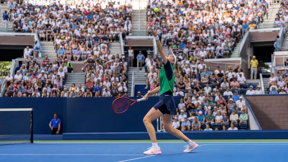 Photorealistic US Open tennis scene for Elena Rybakina’s Serve Could Unlock a Deep US Open Run.