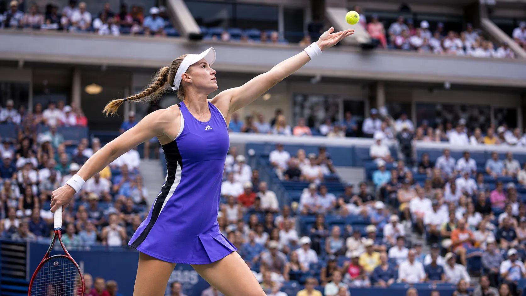Photorealistic tennis scene illustrating Elena Rybakina’s Serve Could Unlock a Deep US Open Run.