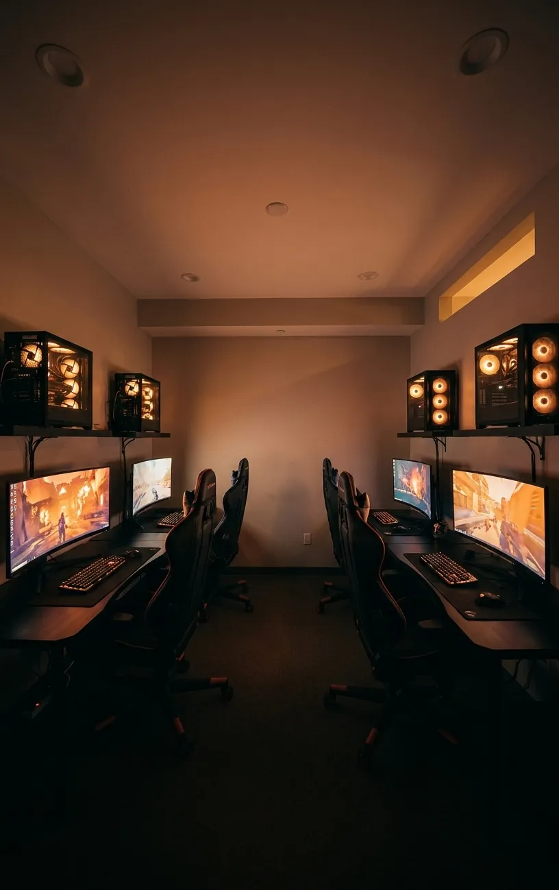 Elite Gaming Club gaming stations with high-performance PCs and ergonomic chairs in Koreatown suite