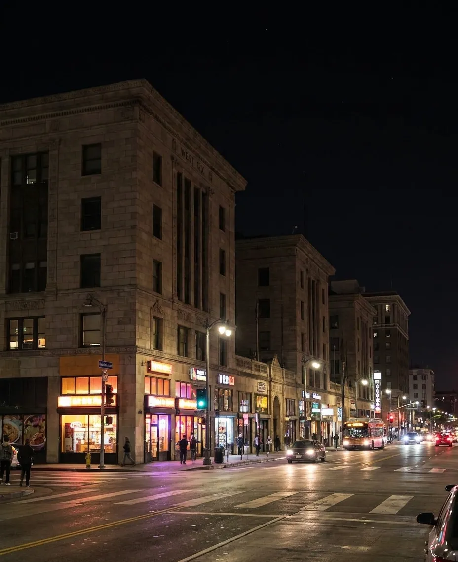 West Six Plaza building on Western Avenue in Koreatown at night with illuminated storefronts
