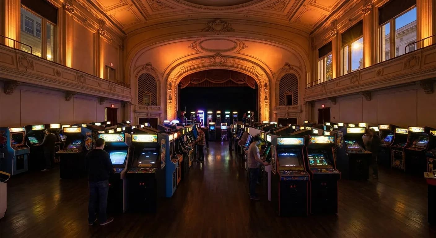 Wide view of Emporium Arcade Bar's main floor inside the Harding Theater, showing rows of vintage arcade cabinets under high ceilings with the original stage in the background